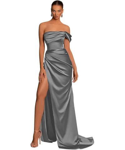 One Shoulder Mermaid Bridesmaid Dresses with Slit 2024 Pleats Satin Formal Evening Gowns for Women 2024 Grey $23.10 Dresses