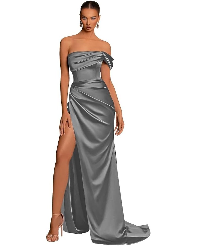 One Shoulder Mermaid Bridesmaid Dresses with Slit 2024 Pleats Satin Formal Evening Gowns for Women 2024 Grey $23.10 Dresses