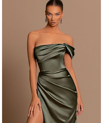 One Shoulder Mermaid Bridesmaid Dresses with Slit 2024 Pleats Satin Formal Evening Gowns for Women 2024 Grey $23.10 Dresses