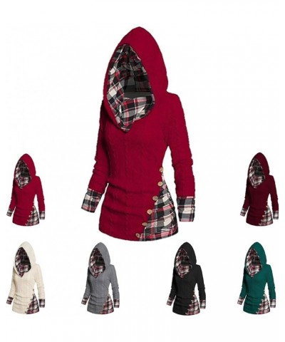 Plaid Splicing Button Decor Cable Hoodie, Women's Stripe Splicing Button Decor Hoodie, Casual Long Sleeve Pullover Red $15.75...