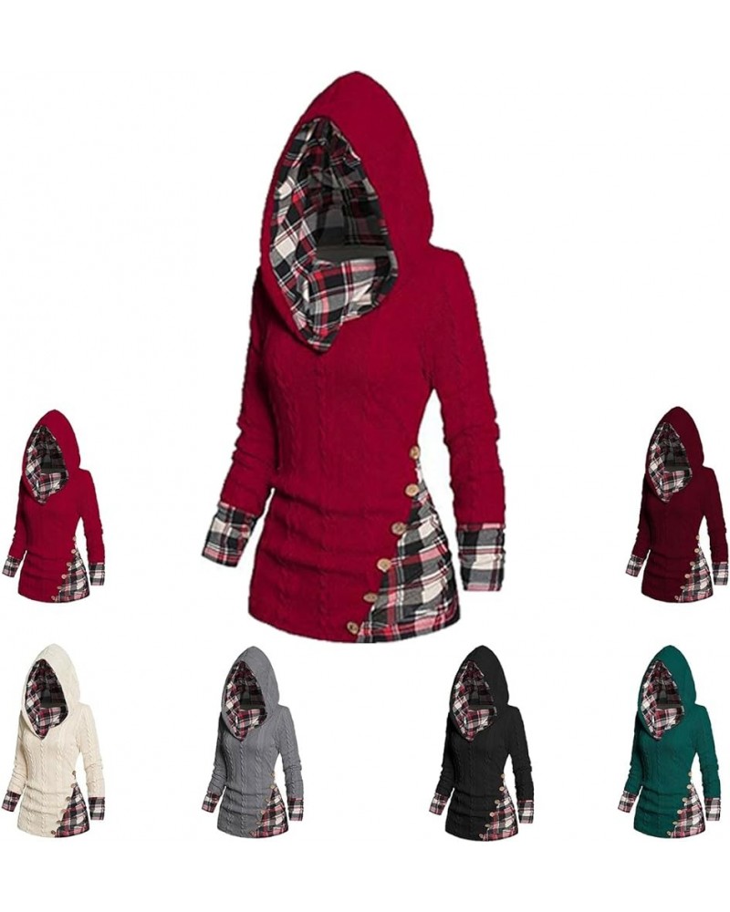 Plaid Splicing Button Decor Cable Hoodie, Women's Stripe Splicing Button Decor Hoodie, Casual Long Sleeve Pullover Red $15.75...