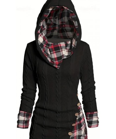 Plaid Splicing Button Decor Cable Hoodie, Women's Stripe Splicing Button Decor Hoodie, Casual Long Sleeve Pullover Red $15.75...