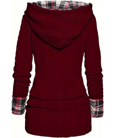 Plaid Splicing Button Decor Cable Hoodie, Women's Stripe Splicing Button Decor Hoodie, Casual Long Sleeve Pullover Red $15.75...