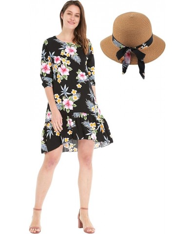 Women's Hawaiian 3/4 Sleeve Mermaid Ruffle Tunic Dress in Hibiscus Blue Hibiscus Black + Hat $21.62 Dresses