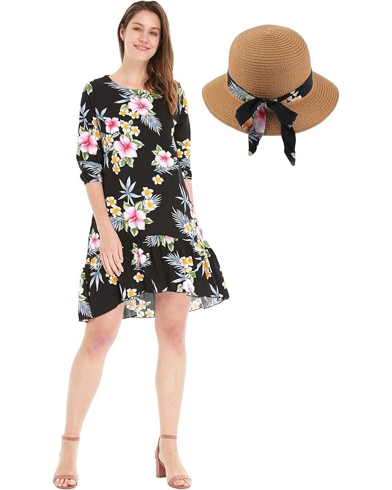 Women's Hawaiian 3/4 Sleeve Mermaid Ruffle Tunic Dress in Hibiscus Blue Hibiscus Black + Hat $21.62 Dresses