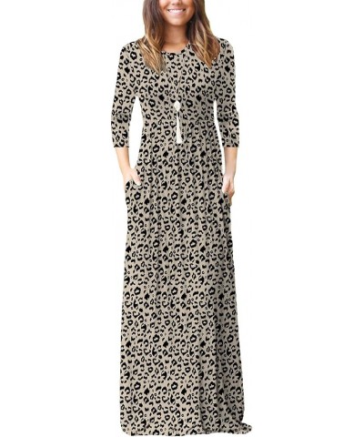 Women's Long Sleeve Maxi Dress Crewneck Loose Plain Casual Empire Waist Long Dresses with Pockets 3/4 Sleeve Leopard Beige $1...