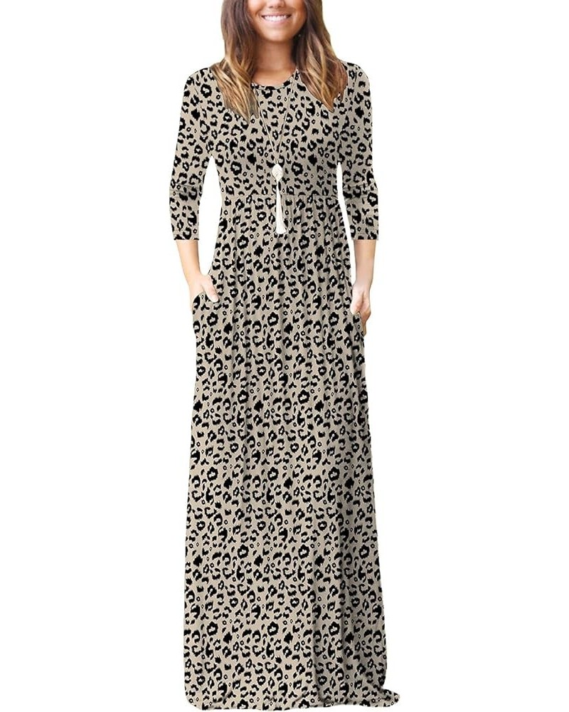 Women's Long Sleeve Maxi Dress Crewneck Loose Plain Casual Empire Waist Long Dresses with Pockets 3/4 Sleeve Leopard Beige $1...