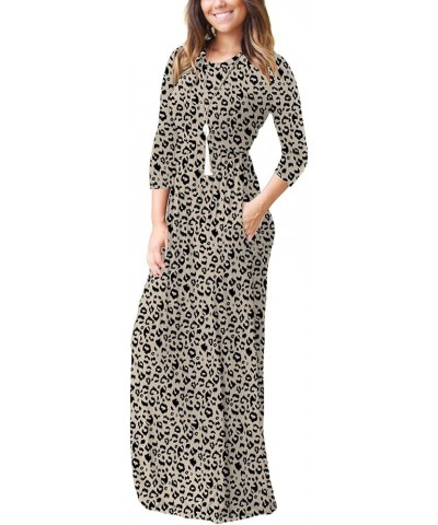 Women's Long Sleeve Maxi Dress Crewneck Loose Plain Casual Empire Waist Long Dresses with Pockets 3/4 Sleeve Leopard Beige $1...