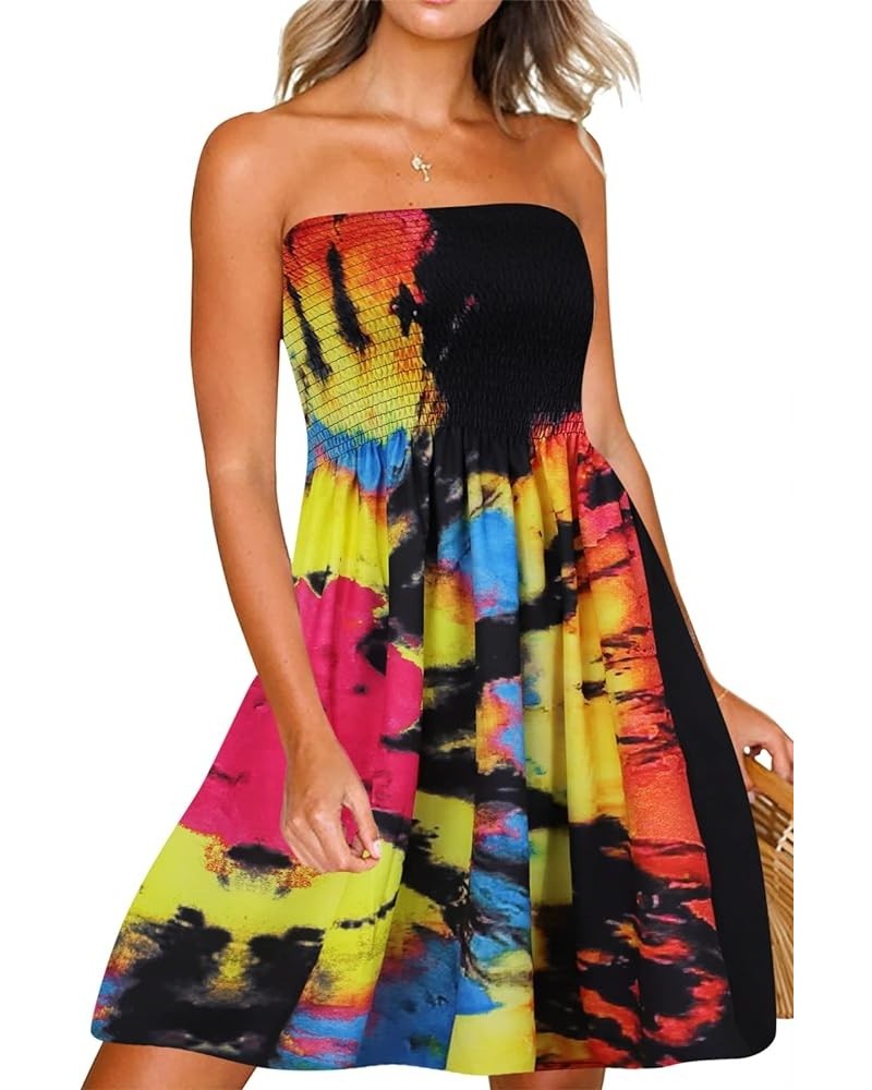 Womens Summer Beach Dresses Strapless Cover Ups Dress Tube Top Sundresses Tie Dye-rainbow $14.10 Swimsuits