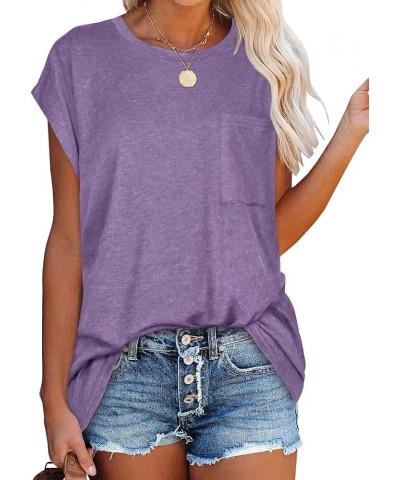 Womens Summer Top Casual Tank Tops Cap Sleeve T Shirts Basic Tees with Pocket Loose Fit Blouses 01purple $7.50 Tops