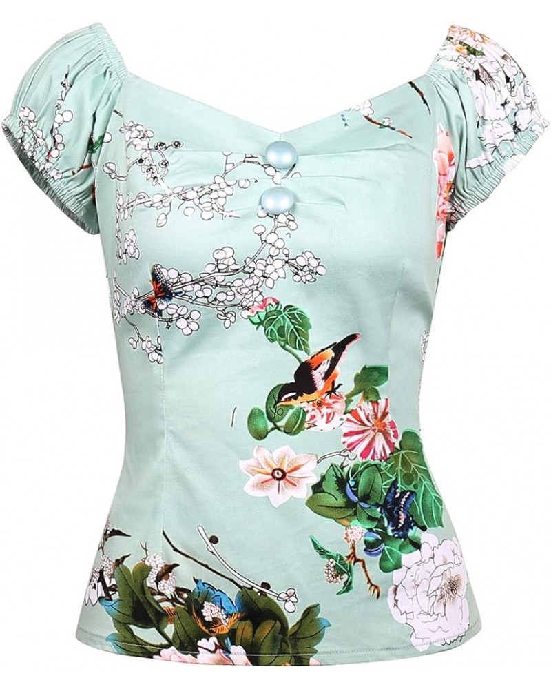 Women's Rockabilly Tops 1950s Pinup Shirt Casual Off Shoulder Vintage Blouse Bird With Flower $17.39 Blouses