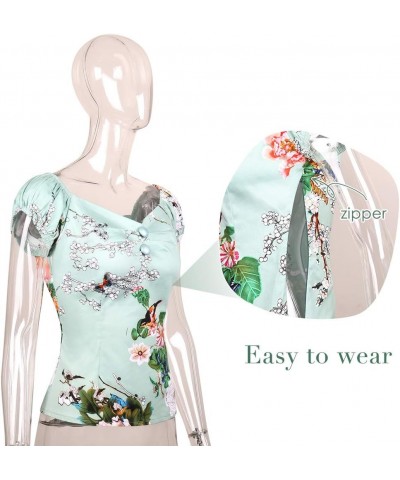 Women's Rockabilly Tops 1950s Pinup Shirt Casual Off Shoulder Vintage Blouse Bird With Flower $17.39 Blouses