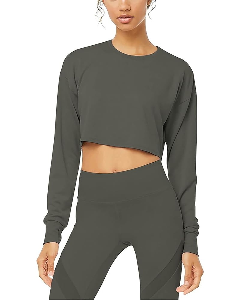 Long Sleeve Crop Top Cropped Sweatshirt for Women with Thumb Hole Charcoal $13.49 Activewear