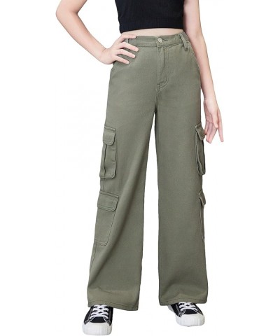 Girl's High Waist Zip Up Denim Pants Straight Leg Cargo Jeans with Pockets Army Green Solid $23.93 Jeans