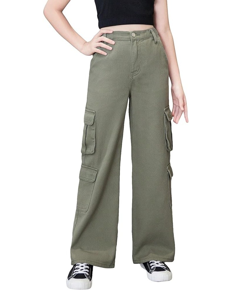 Girl's High Waist Zip Up Denim Pants Straight Leg Cargo Jeans with Pockets Army Green Solid $23.93 Jeans