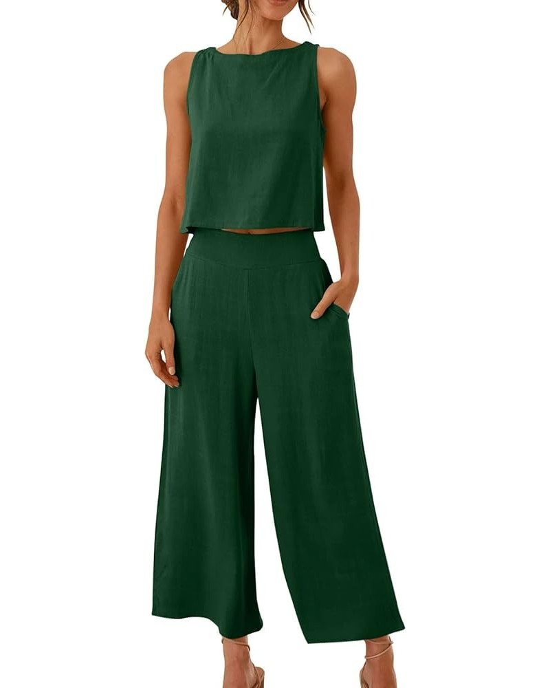 Womens 2 Piece Outfits Summer Sleeveless Tank Crop Button Back Top Capri Wide Leg Pants Linen Set with Pockets 02-green $8.63...