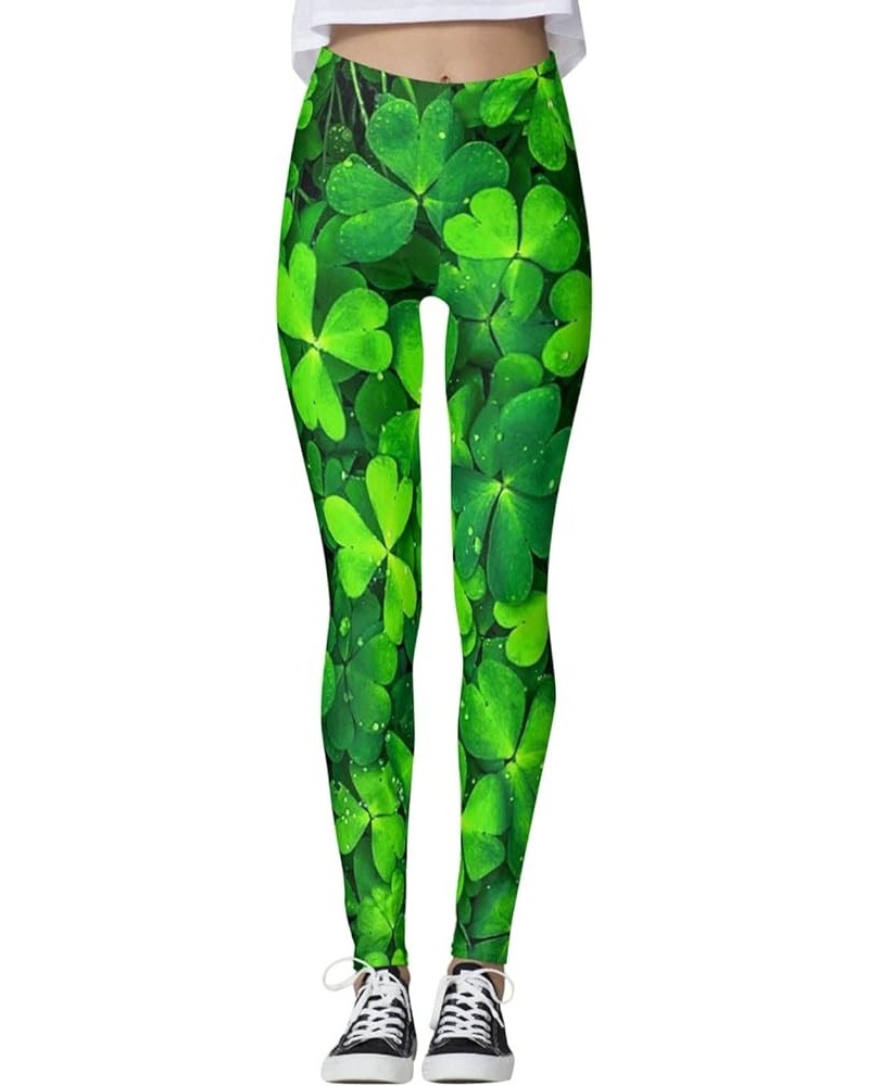 Womens Printed Leggings High Waisted St Patricks Cute Clover Tights Tummy Control Stretch Yoga Pants Slimming Bottoms E08-gre...