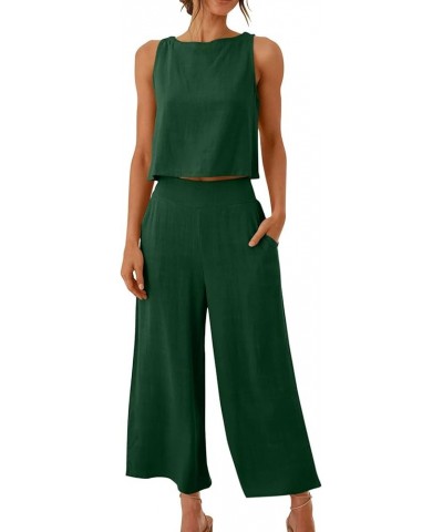 Womens 2 Piece Outfits Summer Sleeveless Tank Crop Button Back Top Capri Wide Leg Pants Linen Set with Pockets 02-green $8.63...