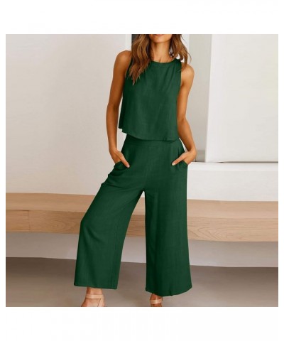 Womens 2 Piece Outfits Summer Sleeveless Tank Crop Button Back Top Capri Wide Leg Pants Linen Set with Pockets 02-green $8.63...