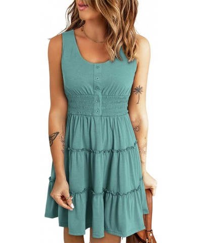 Womens Summer Dresses 2024 Sleeveless Button Down Smocked Elastic Waist Ruffle Tiered Casual Swing Mini Dress Green $21.05 Dr...