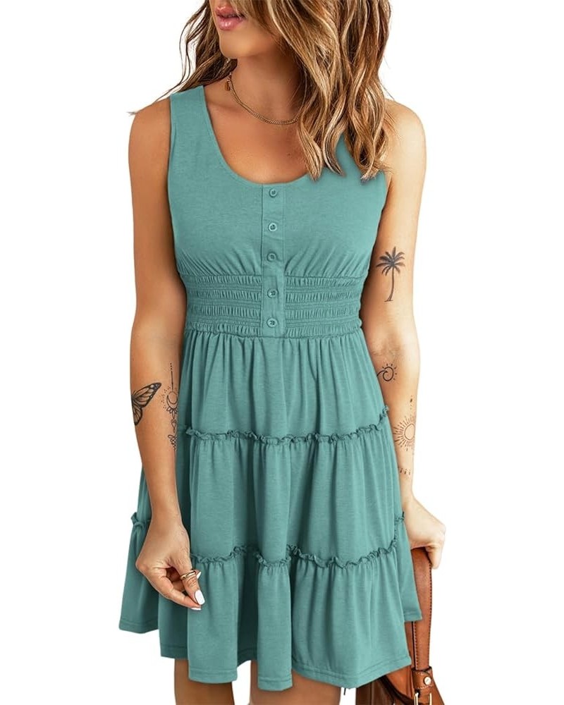 Womens Summer Dresses 2024 Sleeveless Button Down Smocked Elastic Waist Ruffle Tiered Casual Swing Mini Dress Green $21.05 Dr...