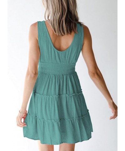 Womens Summer Dresses 2024 Sleeveless Button Down Smocked Elastic Waist Ruffle Tiered Casual Swing Mini Dress Green $21.05 Dr...