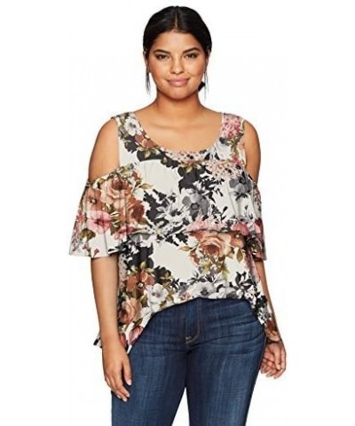 Women's Plus-Size Off/Cold Shoulder Dramatic Ruffle Peasant Top Light Ground Floral $10.09 Others