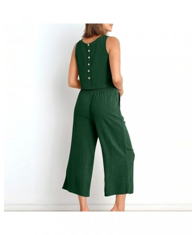 Womens 2 Piece Outfits Summer Sleeveless Tank Crop Button Back Top Capri Wide Leg Pants Linen Set with Pockets 02-green $8.63...