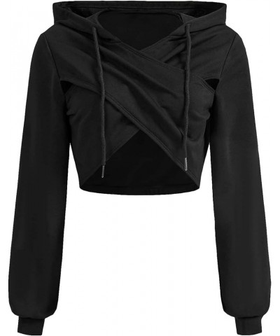 Women's Plus Long Sleeve Wrap V Neck Drawstring Hooded Crop Sweatshirt Top Black $19.46 Hoodies & Sweatshirts