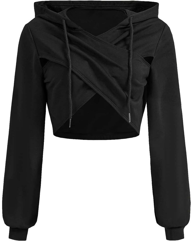 Women's Plus Long Sleeve Wrap V Neck Drawstring Hooded Crop Sweatshirt Top Black $19.46 Hoodies & Sweatshirts