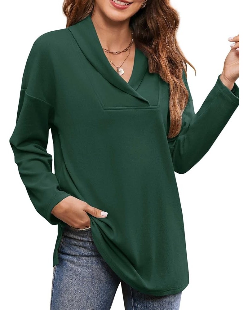 Women Polo Shirts Shawl Neck Long Sleeve Tops Tunic Tops to Wear with Leggings Dark Green $15.80 Sweaters