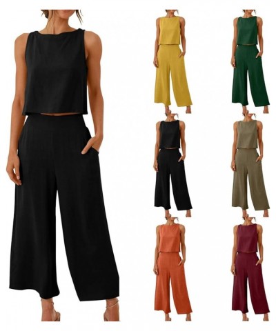 Womens 2 Piece Outfits Summer Sleeveless Tank Crop Button Back Top Capri Wide Leg Pants Linen Set with Pockets 02-green $8.63...