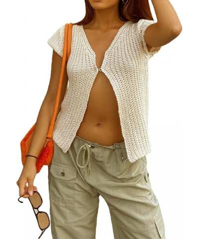 Crochet Knitted Vest for Women Vintage Y2K Hollow Out Button Down Cardigan Retro Crochet Knit Tank Vest Beige $10.70 Sweaters