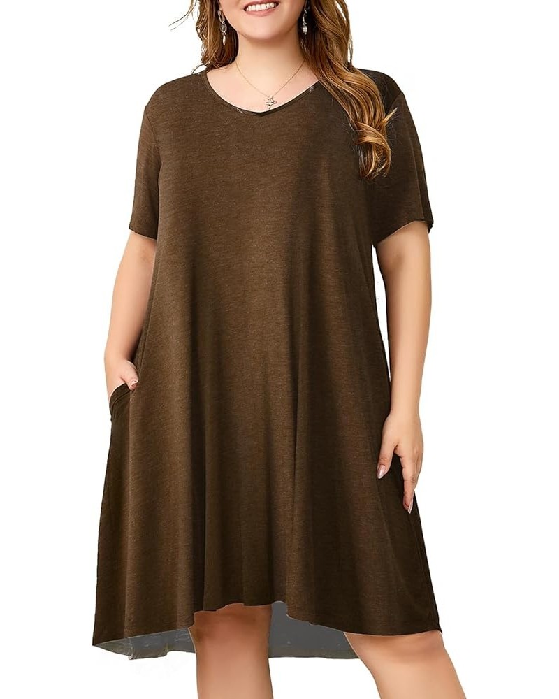 Women Plus Size Dresses Short Sleeve V Neck Casual T-Shirt Swing Tunic Dress with Pockets A- Heather Brown $14.57 Dresses