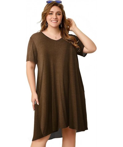 Women Plus Size Dresses Short Sleeve V Neck Casual T-Shirt Swing Tunic Dress with Pockets A- Heather Brown $14.57 Dresses