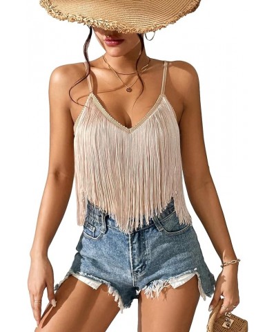 Women's Solid Spaghetti Strap Fringe Hem Camisole V Neck Boho Cami Crop Top Khaki $13.34 Tanks