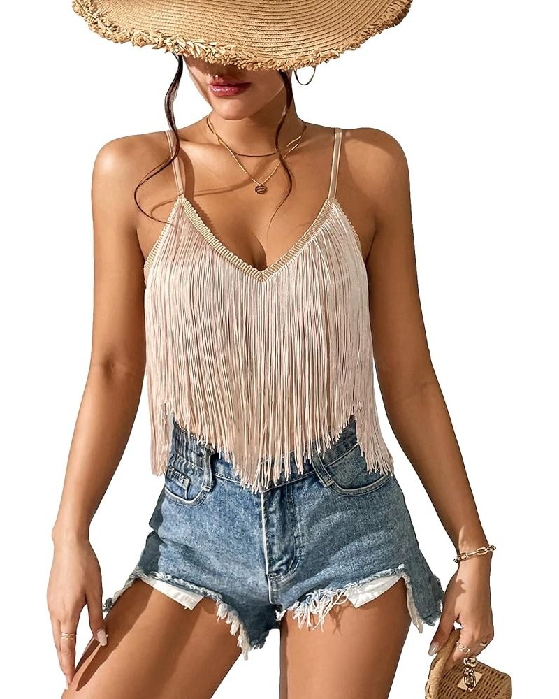 Women's Solid Spaghetti Strap Fringe Hem Camisole V Neck Boho Cami Crop Top Khaki $13.34 Tanks