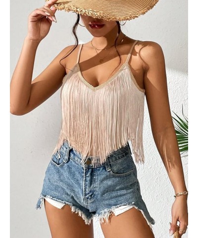 Women's Solid Spaghetti Strap Fringe Hem Camisole V Neck Boho Cami Crop Top Khaki $13.34 Tanks