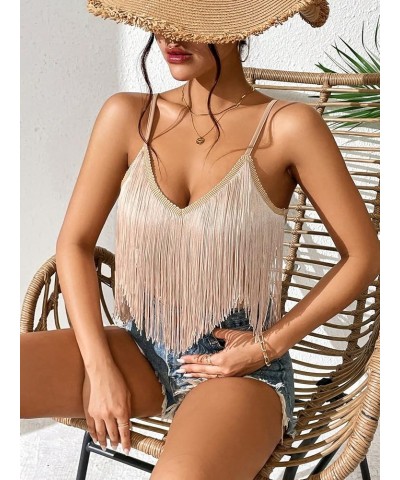 Women's Solid Spaghetti Strap Fringe Hem Camisole V Neck Boho Cami Crop Top Khaki $13.34 Tanks