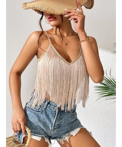 Women's Solid Spaghetti Strap Fringe Hem Camisole V Neck Boho Cami Crop Top Khaki $13.34 Tanks