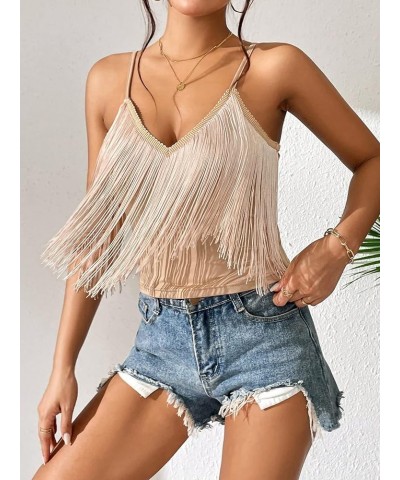 Women's Solid Spaghetti Strap Fringe Hem Camisole V Neck Boho Cami Crop Top Khaki $13.34 Tanks