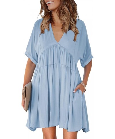 Women's V Neck Tie Back High Waist Ruffle Flowy Swing Summer Dress E2-blue $15.91 Dresses