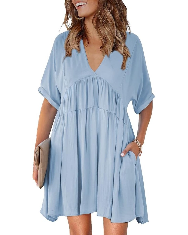 Women's V Neck Tie Back High Waist Ruffle Flowy Swing Summer Dress E2-blue $15.91 Dresses