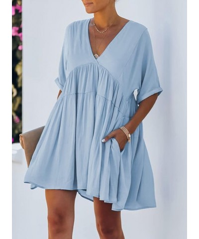 Women's V Neck Tie Back High Waist Ruffle Flowy Swing Summer Dress E2-blue $15.91 Dresses