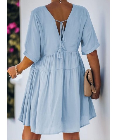 Women's V Neck Tie Back High Waist Ruffle Flowy Swing Summer Dress E2-blue $15.91 Dresses