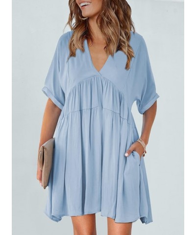 Women's V Neck Tie Back High Waist Ruffle Flowy Swing Summer Dress E2-blue $15.91 Dresses