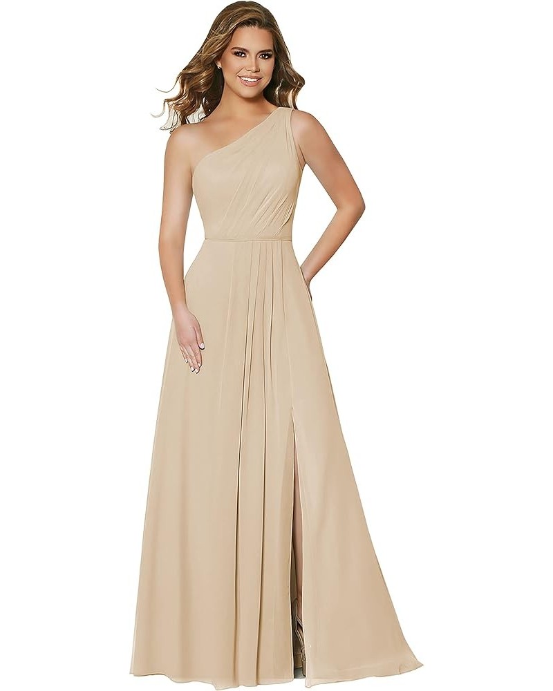 One Shoulder Bridesmaid Dresses for Women Chiffon Split Formal Dress for Women with Pockets Champagne $26.40 Dresses