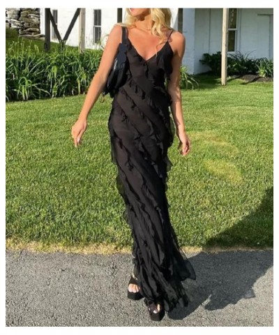 Women Cut Out Sexy Bodycon Maxi Dresses Y2K Spaghetti Strap Backless Cami Dress Low Cut Split Elegant Party Gown C-black $9.2...