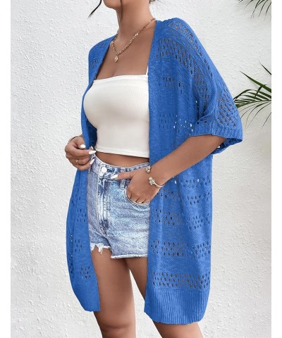 Lightweight Summer Crochet Cardigan for Women Short Sleeve Kimono Boho Oversized Open Front Knitted Cardigan Royal Blue $20.7...