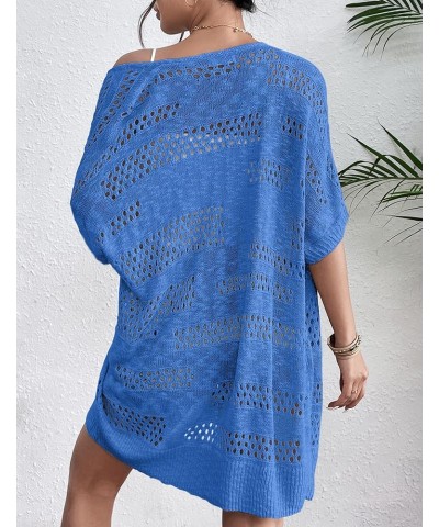 Lightweight Summer Crochet Cardigan for Women Short Sleeve Kimono Boho Oversized Open Front Knitted Cardigan Royal Blue $20.7...